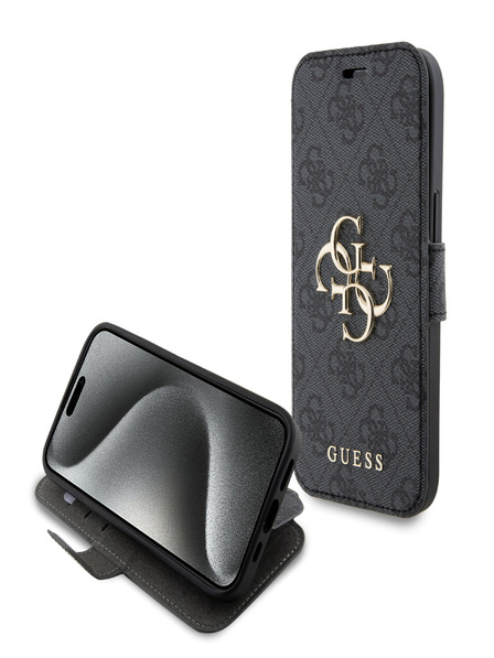 Guess PU Leather 4G Metal Logo Book iPhone 15 Grey Carcasă