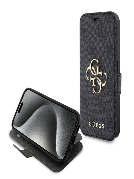 Guess PU Leather 4G Metal Logo Book iPhone 15 Pro Grey Carcasă