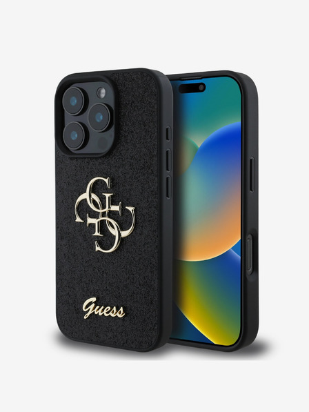 Guess PU Fixed Glitter 4G Metal Logo Zadní Kryt pro iPhone 16 Pro Max Black Carcasa de telefon