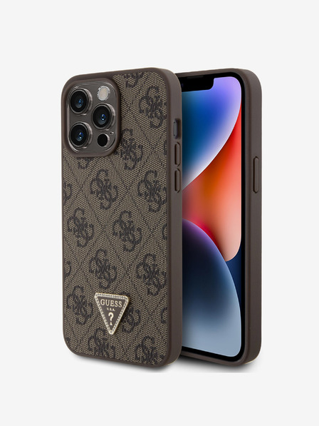 Guess PU 4G Strass Triangle Metal Logo Zadní Kryt pro iPhone 15 Pro Max Brown Carcasa de telefon