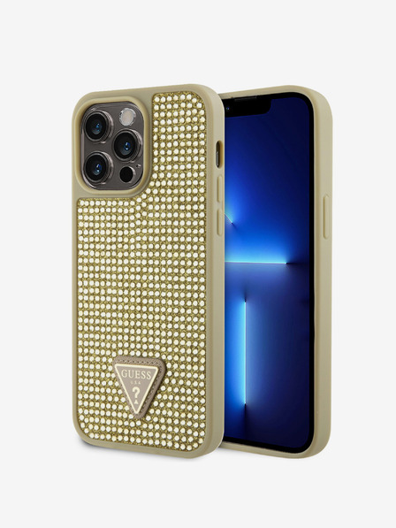 Guess Rhinestones Triangle Metal Logo Kryt pro iPhone 15 Pro Max Gold Carcasa de telefon