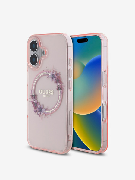 Guess IML Flowers Ring MagSafe Zadní Kryt pro iPhone 16 Pink Carcasa de telefon