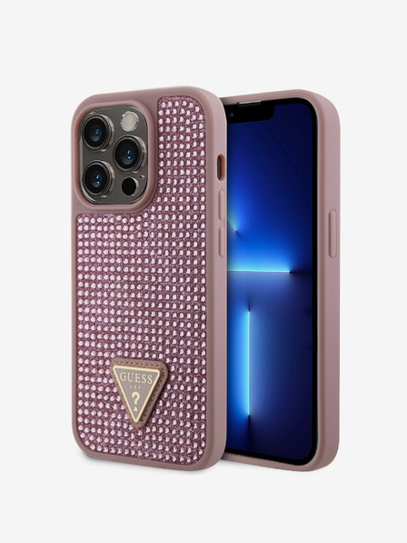 Guess Rhinestones Triangle Metal Logo Kryt pro iPhone 15 Pro Pink Carcasa de telefon