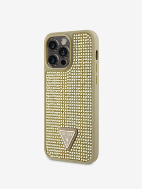 Guess Rhinestones Triangle Metal Logo Kryt pro iPhone 14 Pro Max Gold Carcasa de telefon