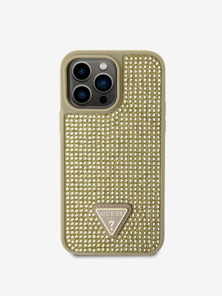 Guess Rhinestones Triangle Metal Logo Kryt pro iPhone 14 Pro Max Gold Carcasa de telefon