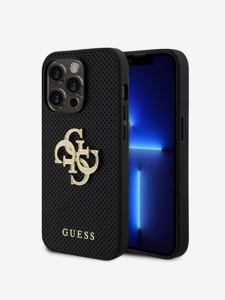 Guess PU Perforated 4G Glitter Metal Logo Zadní Kryt pro iPhone 15 Pro Black Carcasa de telefon