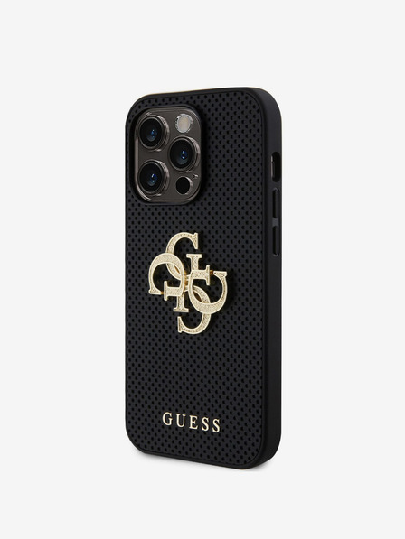 Guess PU Perforated 4G Glitter Metal Logo Zadní Kryt pro iPhone 15 Pro Black Carcasa de telefon