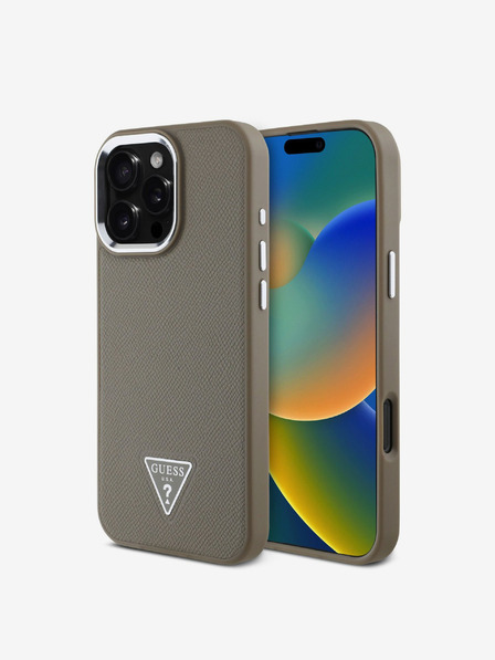 Guess PU Grained Triangle Logo Zadní Kryt pro iPhone 16 Pro Brown Carcasa de telefon