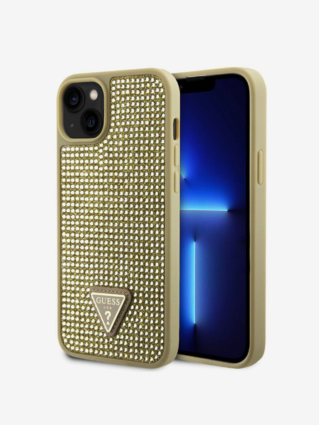 Guess Rhinestones Triangle Metal Logo Kryt pro iPhone 15 Gold Carcasa de telefon