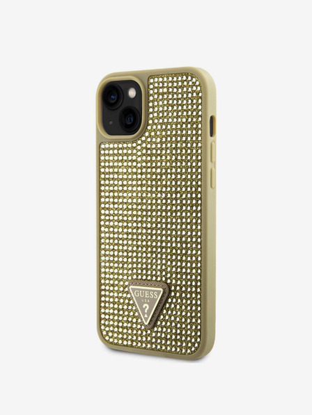 Guess Rhinestones Triangle Metal Logo Kryt pro iPhone 15 Gold Carcasa de telefon