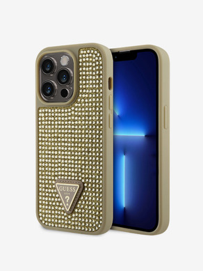 Guess Rhinestones Triangle Metal Logo Kryt pro iPhone 15 Pro Gold Carcasa de telefon