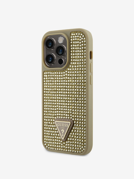 Guess Rhinestones Triangle Metal Logo Kryt pro iPhone 15 Pro Gold Carcasa de telefon