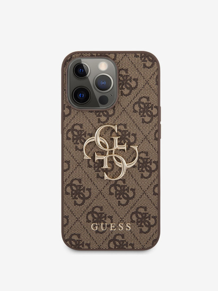 Guess PU 4G Metal Logo Zadní Kryt pro iPhone 13 Pro Brown Carcasa de telefon