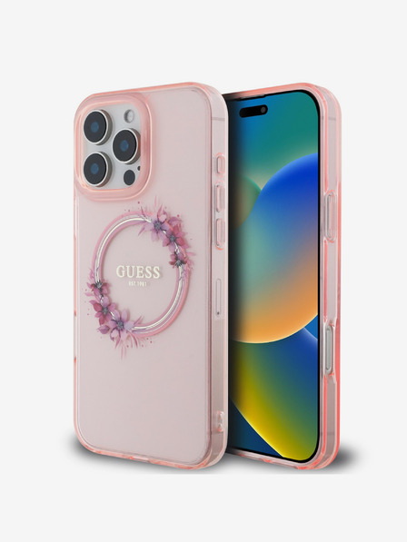 Guess IML Flowers Ring MagSafe iPhone 16 Pro Max Pink Carcasa de telefon