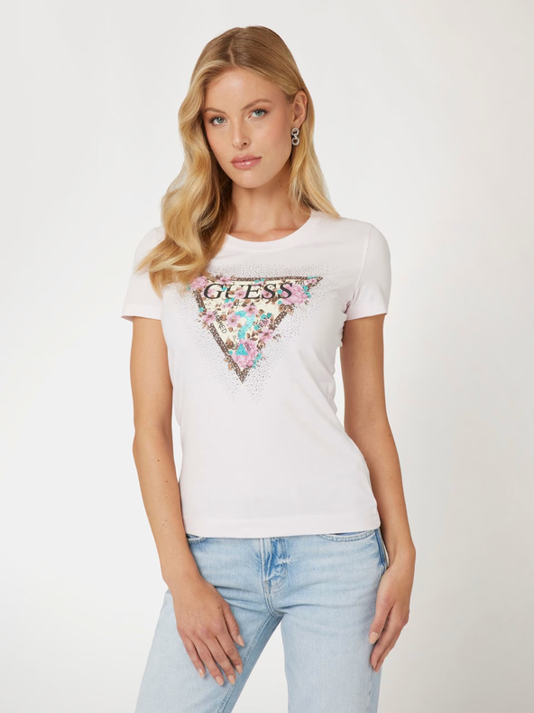 Guess Tricou roz deschis pentru femei cu logo Guess