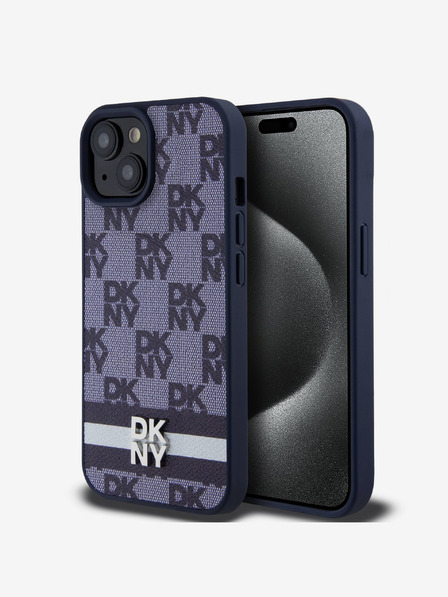 DKNY PU Leather Checkered Pattern and Stripe Zadní Kryt pro iPhone 15 Blue Carcasa de telefon