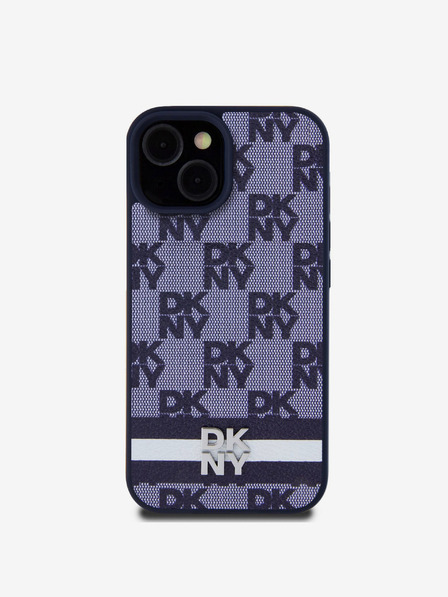 DKNY PU Leather Checkered Pattern and Stripe Zadní Kryt pro iPhone 15 Blue Carcasa de telefon