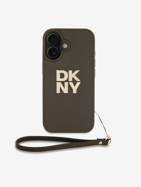 DKNY DKNY PU Leather Stack Logo Wrist Strap Back Cover pentru iPhone 16 Verde