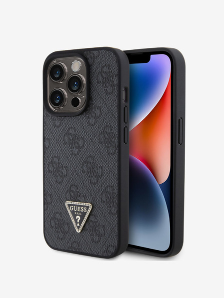 Guess PU 4G Strass Triangle Metal Logo Zadní Kryt pro iPhone 15 Pro Black Carcasa de telefon