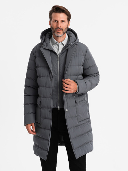 Ombre Clothing Jachetă matlasată lungă pentru bărbați cu rever și căptușeală grafit Ombre Clothing