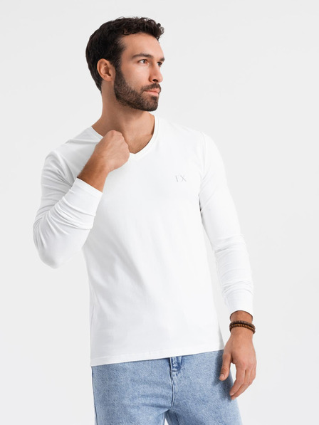 Ombre Clothing Tricou bărbătesc SLIM FIT cu mânecă lungă și gât în V, cu elastan și imprimeu alb Ombre Clothing