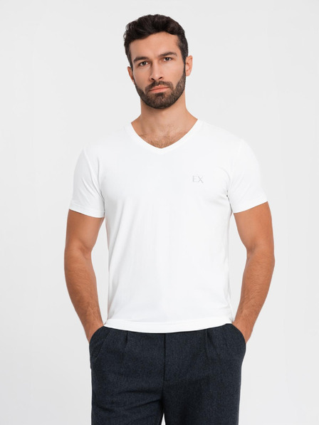 Ombre Clothing Tricou SLIM FIT V-neck pentru bărbați cu elastan și imprimeu alb Ombre Clothing