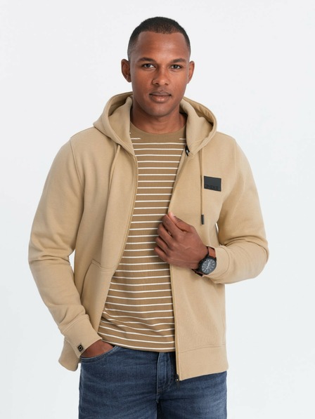 Ombre Clothing Hanorac bărbătesc cu glugă și fermoar cu plasture - nisip V2 OM-SSZP-0140 Ombre Clothing
