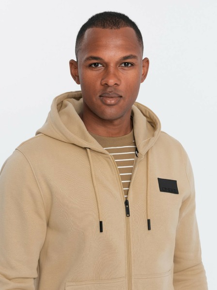Ombre Clothing Hanorac bărbătesc cu glugă și fermoar cu plasture - nisip V2 OM-SSZP-0140 Ombre Clothing