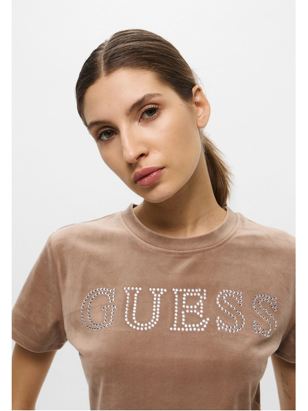 Guess Jeans Tricou damă maro Velvet logo Guess Jeans