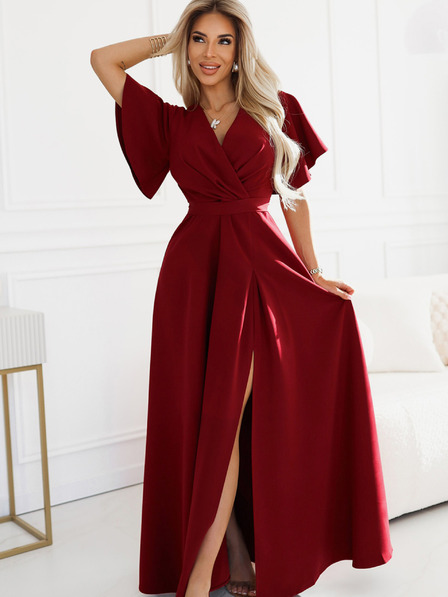 numoco Rochie lungă cu croială, mânecă și decolteu pentru femei Numoco burgundy