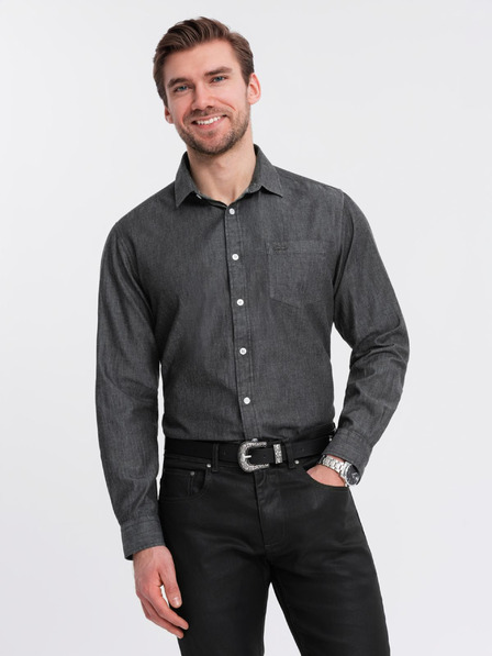 Ombre Clothing Cămașă din denim pentru bărbați cu buzunar brodat Ombre Clothing